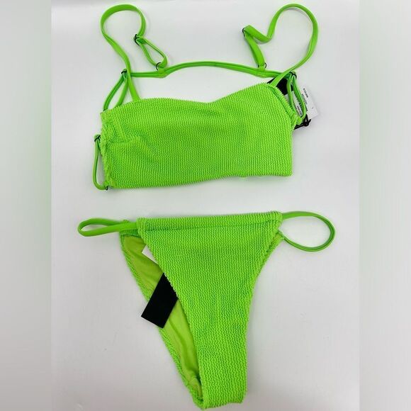 Kendall + Kylie Neon Lime Green Bandeau Strappy Swimsuit Bikini Set Sz L - Picture 2 of 5